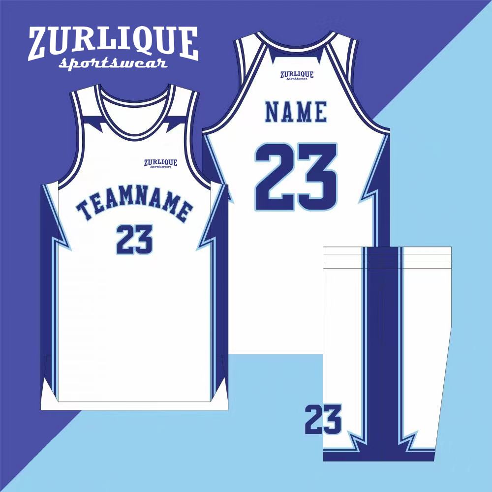 Design template for a custom basketball uniform by ZURLIQUE sportswear, featuring a sleeveless jersey with color accents, the word ‘TEAMNAME’ and number ‘23’ on the front, and a placeholder for a name on the back. The matching shorts have the number 23.