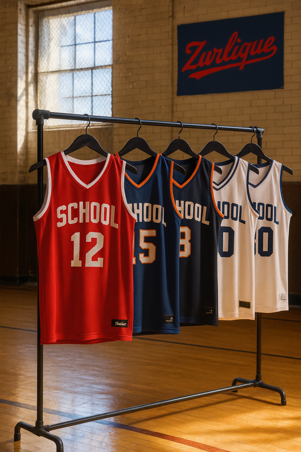 Budget basketball jerseys for schools hanging on rack in gym with Zurlique logo banner