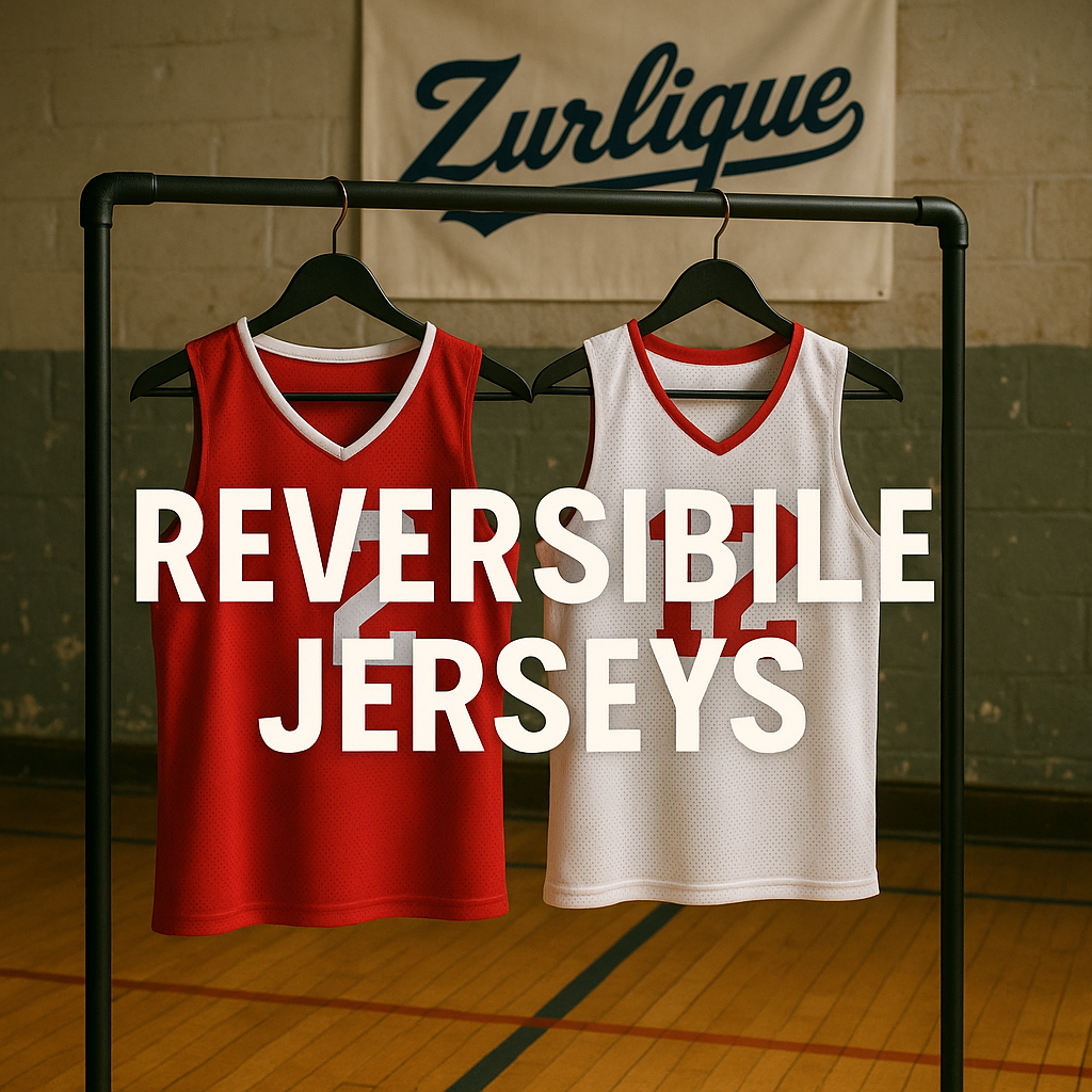 Two reversible basketball jerseys, red and white, displayed on a rack in gym with Zurlique logo banner and text overlay