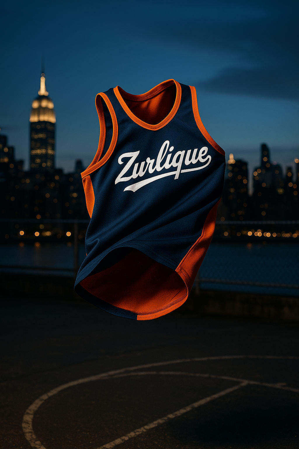 Reversible Zurlique basketball jersey flipping mid-air on a NYC rooftop court with skyline in the background