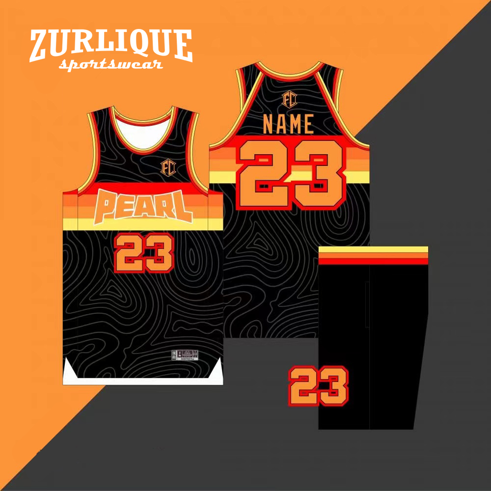 Custom basketball jersey and shorts with the number 23 and a customizable nameplate. Features colors with a wave pattern. team name and numbers is written on the front, and the logo ‘ZURLIQUE sportswear’ is in the upper left corner.”