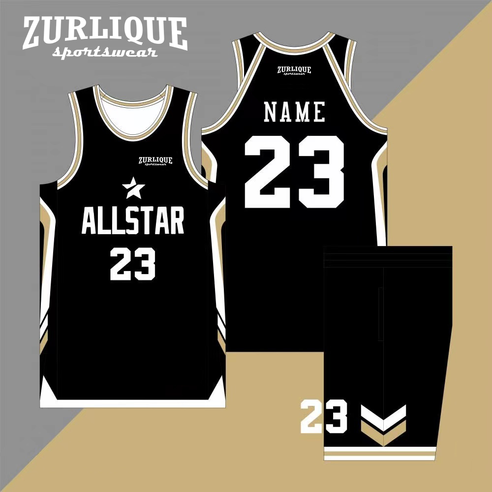 A custom print basketball uniform design featuring a jersey and shorts. The jersey has printed team name above the number ‘23,’ with a star logo and the text ‘ZURLIQUE’ above it. The shorts have a similar design with two stripes and the number ‘23’ on it