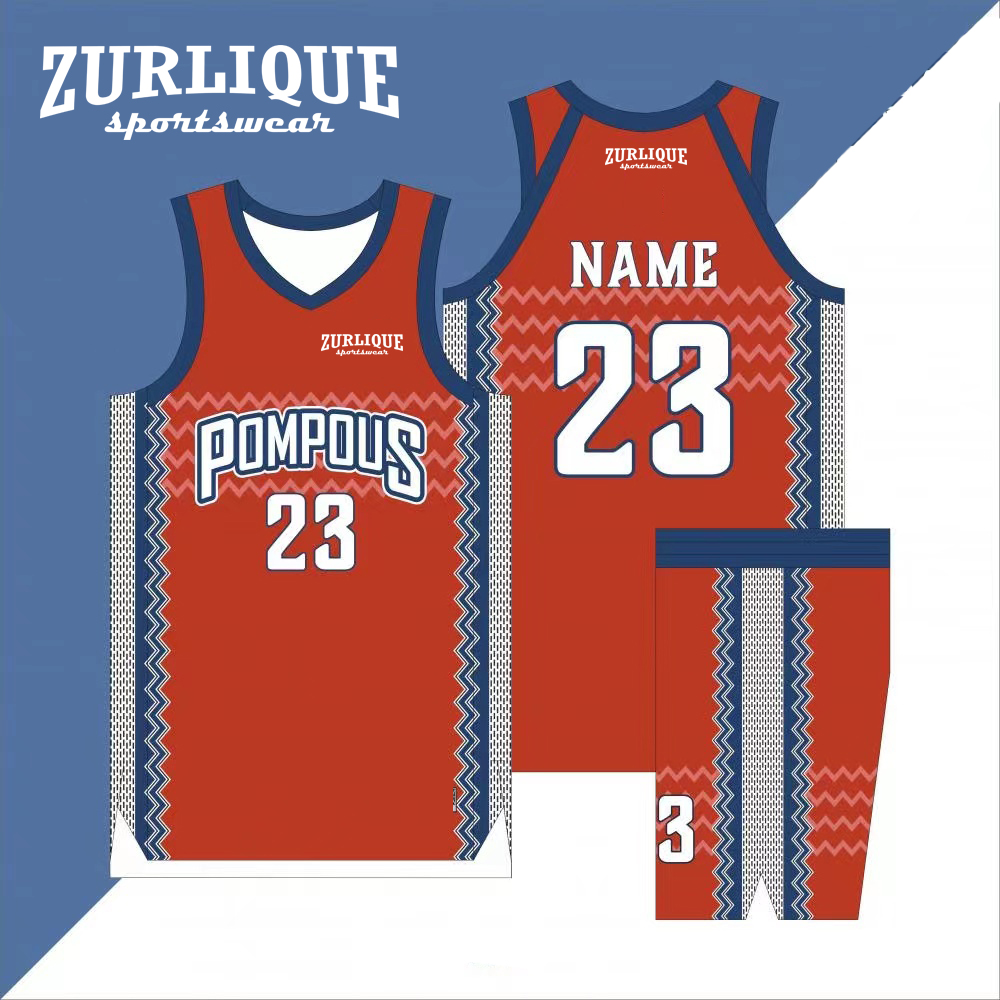 Custom basketball uniform design template for ZURLIQUE Sportswear featuring team name with colored accents and zigzag side patterns