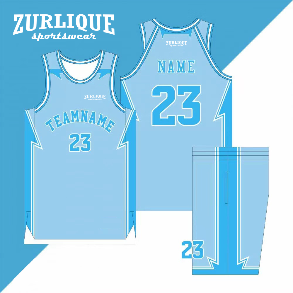 Design template for a custom basketball uniform by ZURLIQUE sportswear, featuring a sleeveless jersey with color accents, the word ‘TEAMNAME’ and number ‘23’ on the front, and a placeholder for a name on the back. The matching shorts have the number 23.