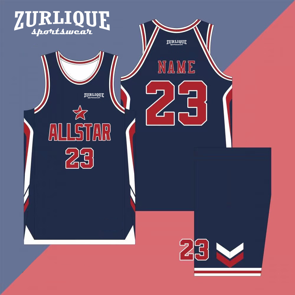 A custom print basketball uniform design featuring a jersey and shorts. The jersey has printed team name above the number ‘23,’ with a star logo and the text ‘ZURLIQUE’ above it. The shorts have a similar design with two stripes and the number ‘23’ on it