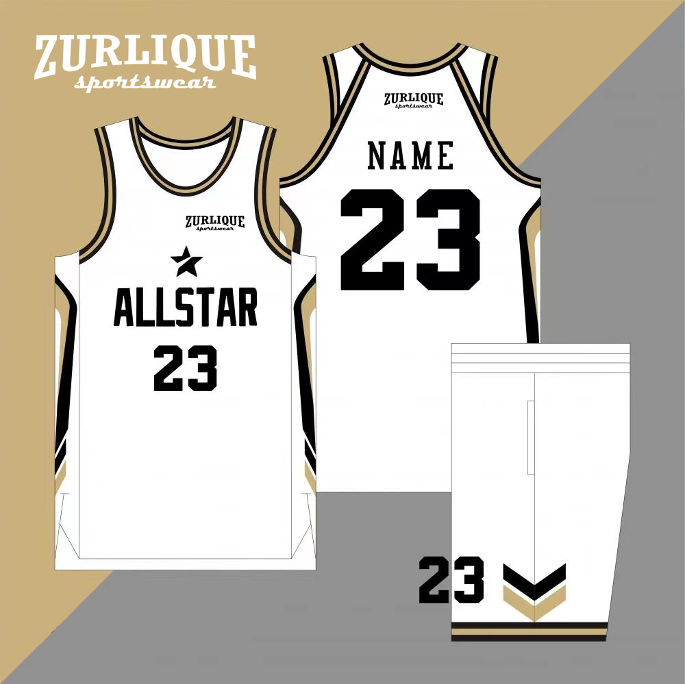 A custom print basketball uniform design featuring a jersey and shorts. The jersey has printed team name above the number ‘23,’ with a star logo and the text ‘ZURLIQUE’ above it. The shorts have a similar design with two stripes and the number ‘23’ on it