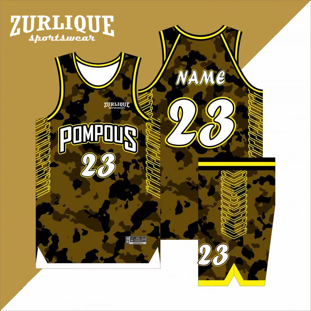 Custom print basketball jersey featuring a camouflage pattern with colored accents. The front displays the team name above the number in large font, and the back shows a placeholder for a name above the same number.