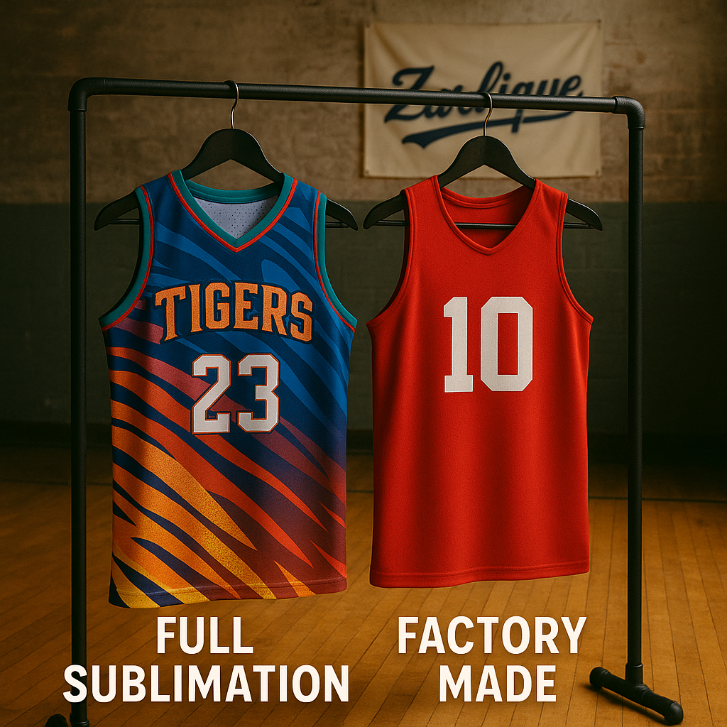 Comparison of colorful full sublimation basketball jersey and plain factory made jersey hanging in gym with Zurlique banner