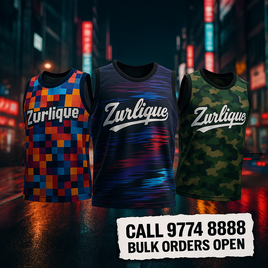 Three custom sublimation jerseys by Zurlique featuring pixelated, glitch, and camouflage designs, floating in a neon-lit street scene in Singapore.