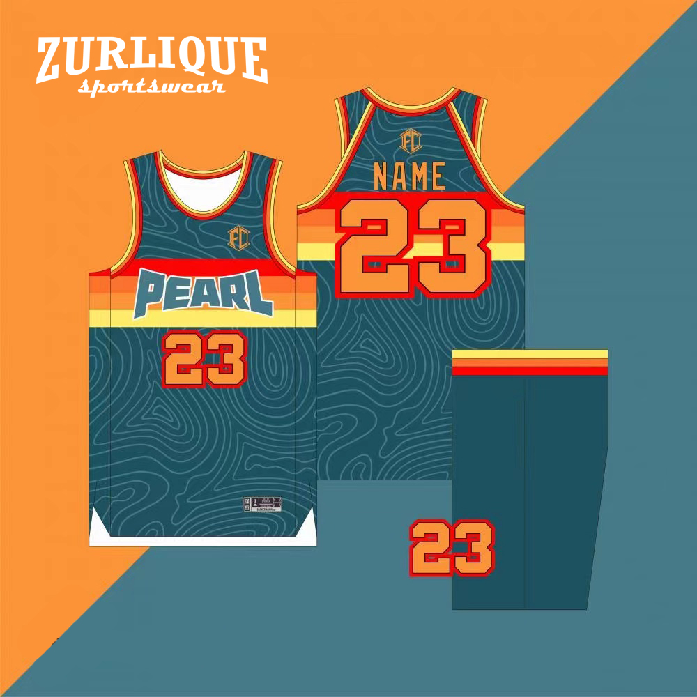 Custom basketball jersey and shorts with the number 23 and a customizable nameplate. Features colors with a wave pattern. team name and numbers is written on the front, and the logo ‘ZURLIQUE sportswear’ is in the upper left corner.”