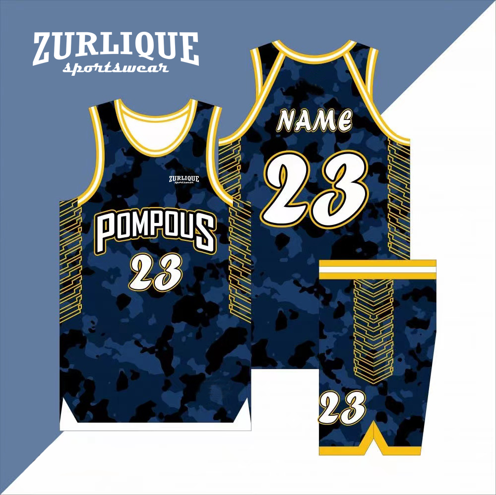 Custom print basketball jersey featuring a camouflage pattern with colored accents. The front displays the team name above the number in large font, and the back shows a placeholder for a name above the same number.