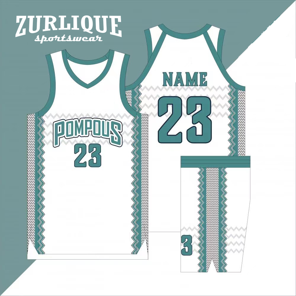 Custom basketball uniform design template for ZURLIQUE Sportswear featuring team name with colored accents and zigzag side patterns