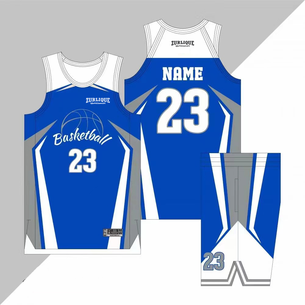 Two-piece basketball uniform set from ZURLIQUE sportswear, including a sleeveless jersey, shorts, and a tank top. All pieces are gray with blue and white accents. The jersey features the number 23 on the front with ‘Basketball’ above it