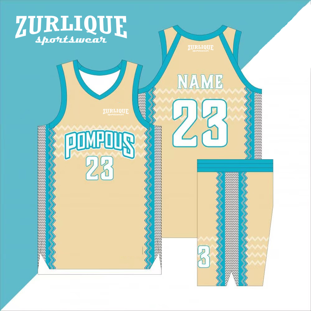Custom basketball uniform design template for ZURLIQUE Sportswear featuring team name with colored accents and zigzag side patterns