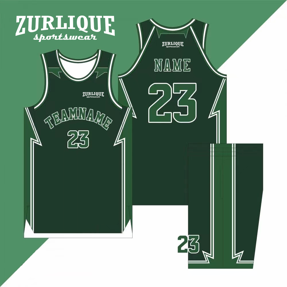 Design template for a custom basketball uniform by ZURLIQUE sportswear, featuring a sleeveless jersey with color accents, the word ‘TEAMNAME’ and number ‘23’ on the front, and a placeholder for a name on the back. The matching shorts have the number 23.