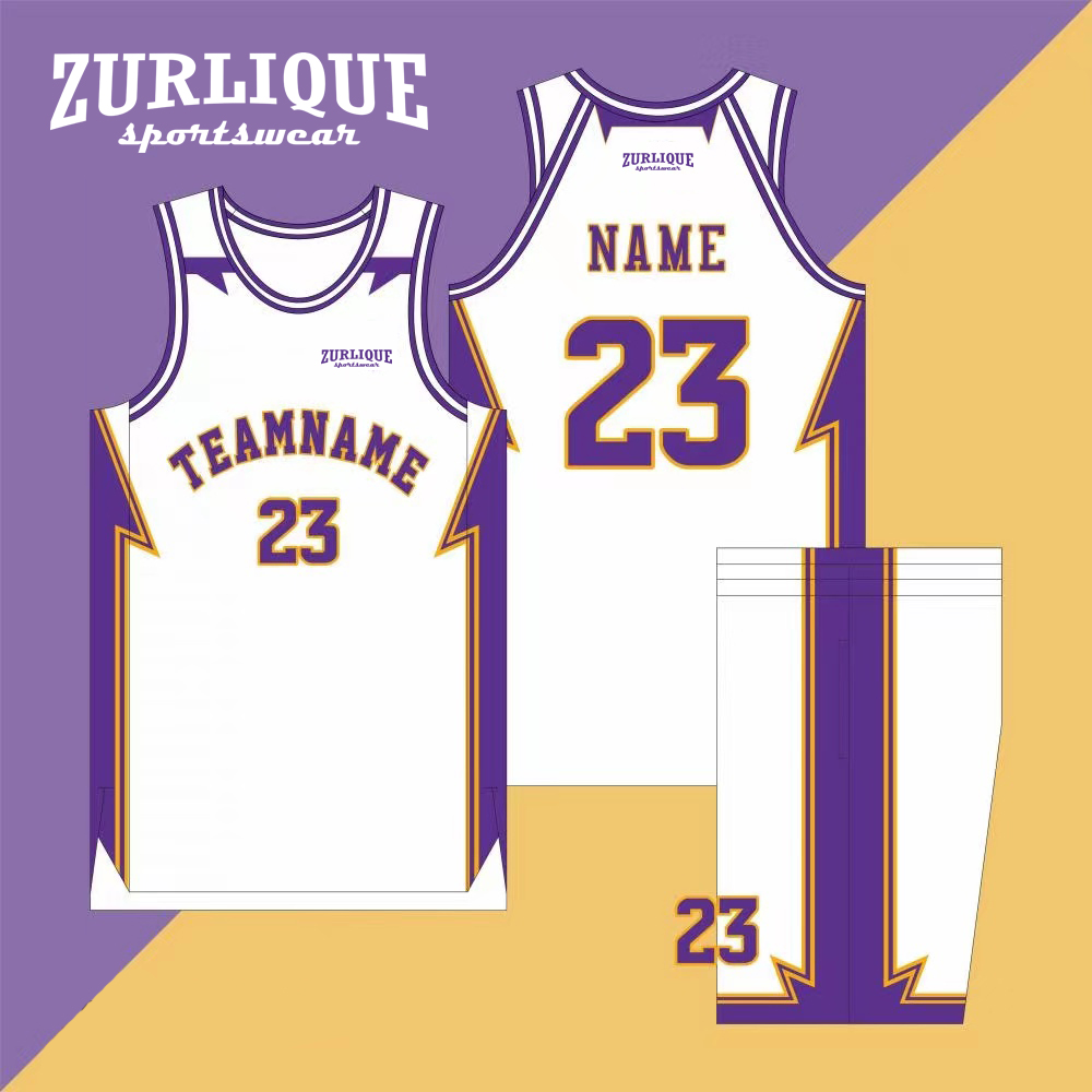 Design template for a custom basketball uniform by ZURLIQUE sportswear, featuring a sleeveless jersey with color accents, the word ‘TEAMNAME’ and number ‘23’ on the front, and a placeholder for a name on the back. The matching shorts have the number 23.