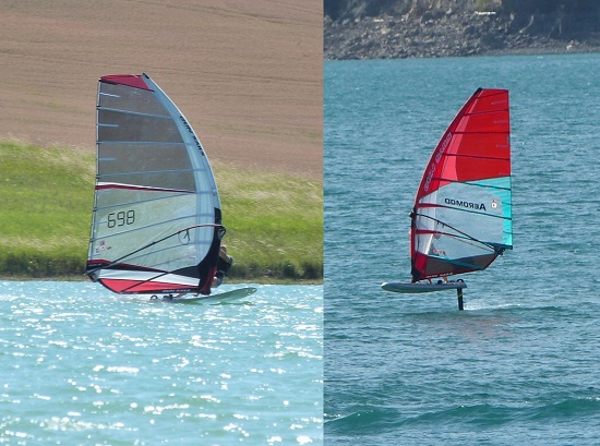 2 planches à voile en train de naviguer, une en aileron et l'autre sur windfoil aeromod