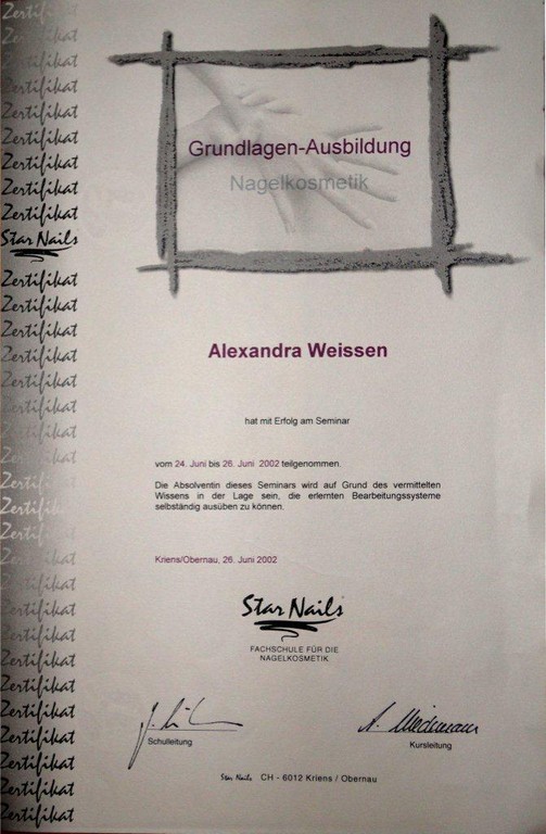 Zertifikate und Diplome NailStylistinAlexandra