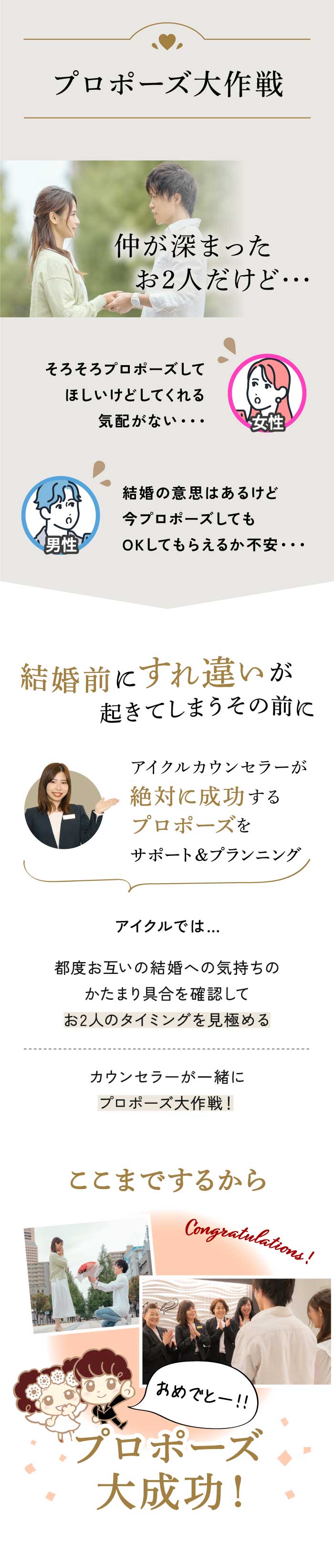 【プロポーズ大作戦】「そろそろプロポーズしてほしいけどしてくれる気配がない…」「結婚の意思はあるけど今プロポーズしてもOKしてもらえるか不安…」結婚前にすれ違いが起きてしまうその前に。アイクルカウンセラーが絶対に成功するプロポーズをサポート＆プランニング。アイクルでは都度お互いの結婚への気持ちのかたまり具合を確認してお2人のタイミングを見極める／カウンセラーが一緒にプロポーズ大作戦！　ここまでするから、プロポーズ大成功！