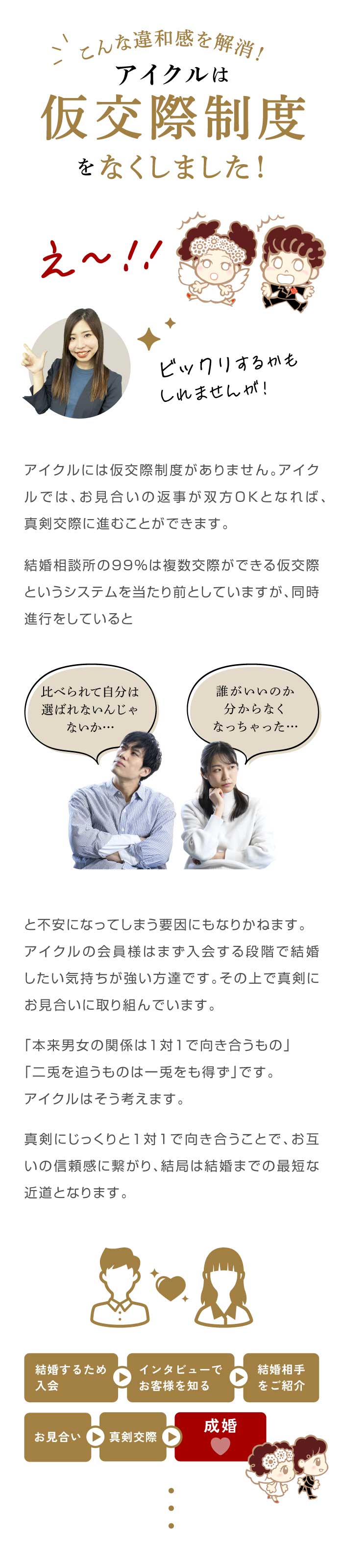 アイクルには仮交際制度がありません。アイクルでは、お見合いの返事が双方OKとなれば、真剣交際に進むことができます。 結婚相談所の99%は複数交際ができる仮交際というシステムを当たり前としていますが、同時進行をしていると「誰がいいのか分からなくなっちゃった…」「比べられて自分は 選ばれないんじゃないか…」と不安になってしまう要因にもなりかねます。 アイクルの会員様はまず入会する段階で結婚したい気持ちが強い方達です。その上で真剣にお見合いに取り組んでいます。