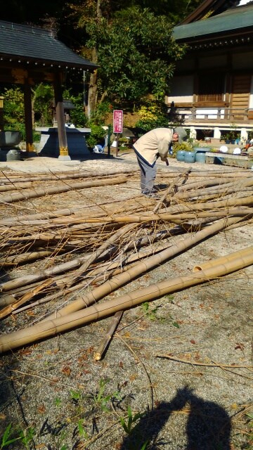 切り出した竹の枝を落としています