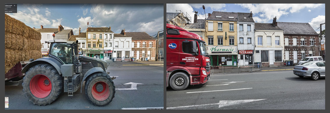 Devant la pharmacie de Pierre, les camions succèdent aux tracteurs.