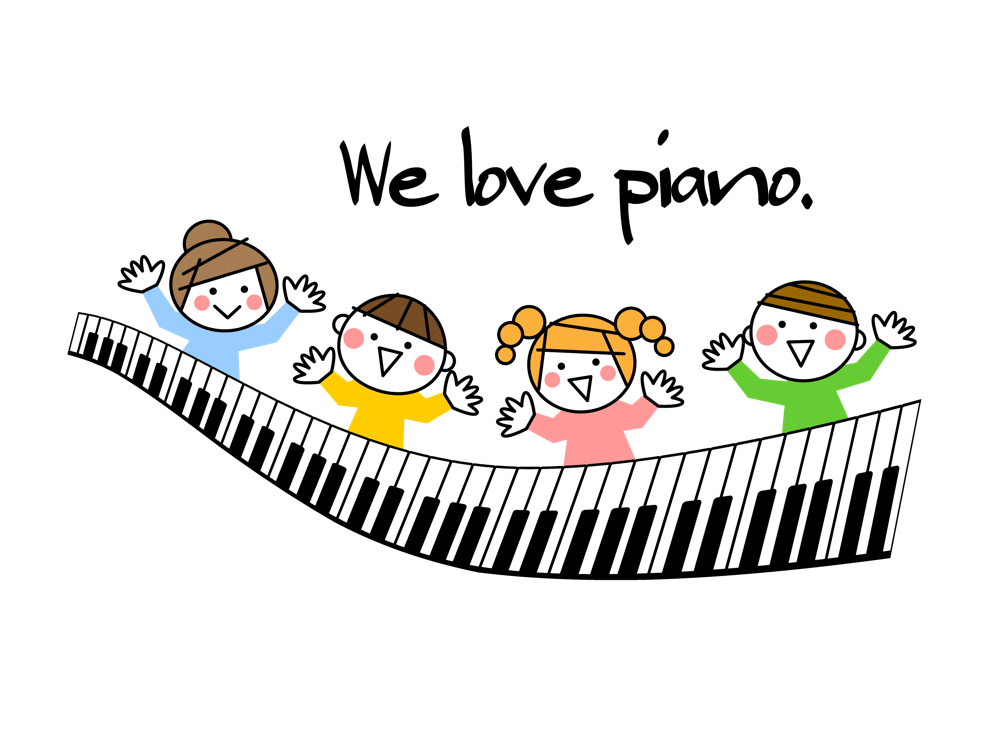 楽しそうに４人の人々がピアノを弾いているイラスト　We love piano