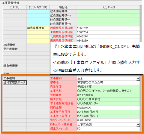 電子納品ソフト『Calssist』下水道事業団　工事管理項目入力