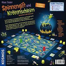 Rückseite des Gesellschaftsspiels Spinnengift und Krötenschleim mit Beschreibung und Spielbrett