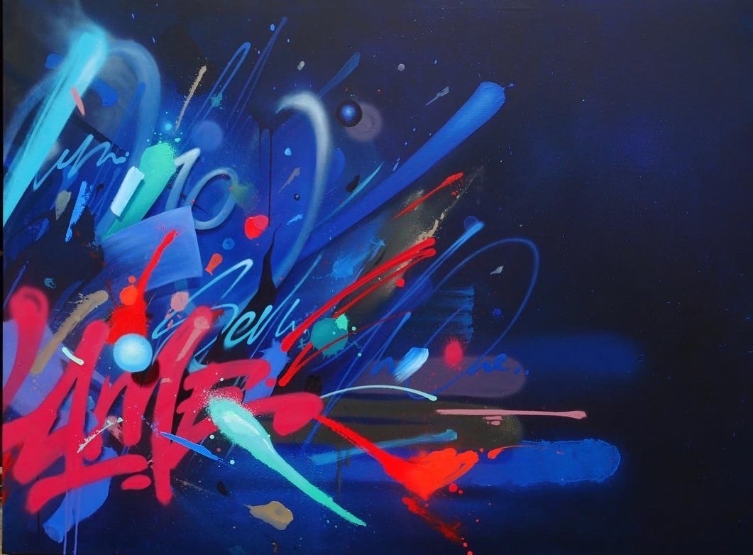 tableau réalisé pour la Cité Numérique de Bordeaux, street art et graffiti sur fond nocturne