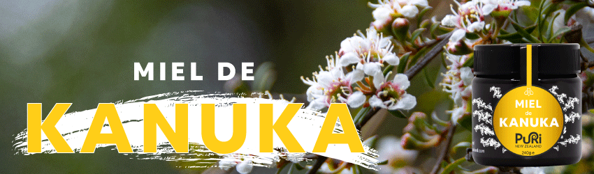 Bannière avec pot de Miel de Kanuka 240g Puri New Zealand sous fond de fleurs de Kanuka de Nouvelle-Zélande