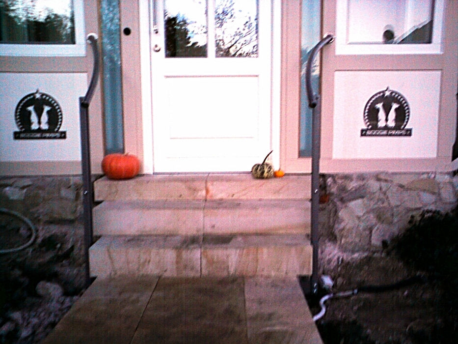 Eingangsgeländer "Boogie Pimps" mit Winkelstahlpfosten feuerverzinkt und pulverbeschichtet mit Edelstahlhandlauf 