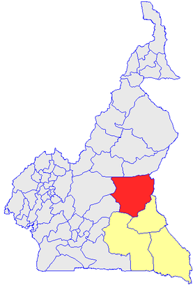 Le Département du Lo et Djerem (en rouge) et les autres départements de la région de l'Est (en jaune) sur la carte administrative du Cameroun