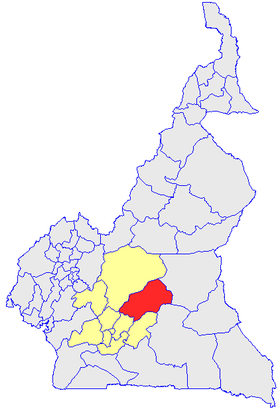 Le Département de la Haute Sanaga (en rouge) et les autres départements de la région du Centre (en jaune) sur la carte administrative du Cameroun