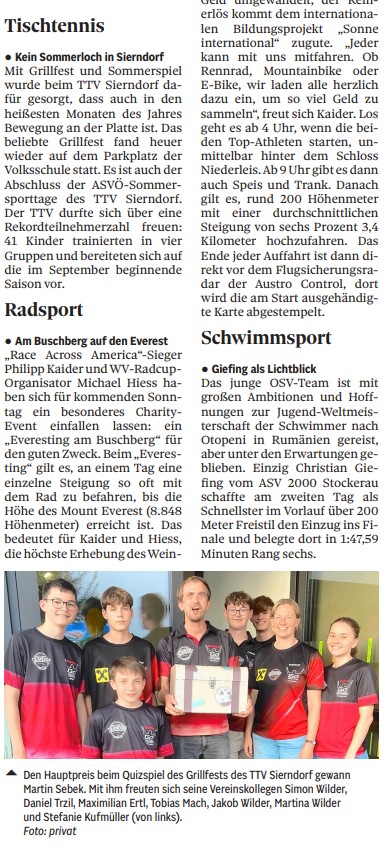 Ferienspiel und Grillfest waren die Themen in der Korneuburger NÖN. Nochmals Gratulation an Martin Sebek zum Gewinn des Geschenkkorbes!