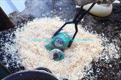 Glühender Vogel wird mit Sägespänen bedeckt