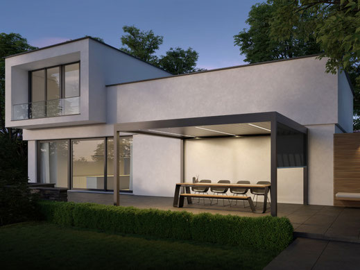 Ein Lamellendach passend zum Design des Hauses.