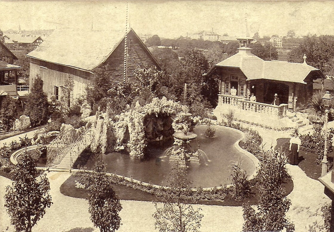 Tuffsteingrotte, Weiher und Garten-Chalet um 1900