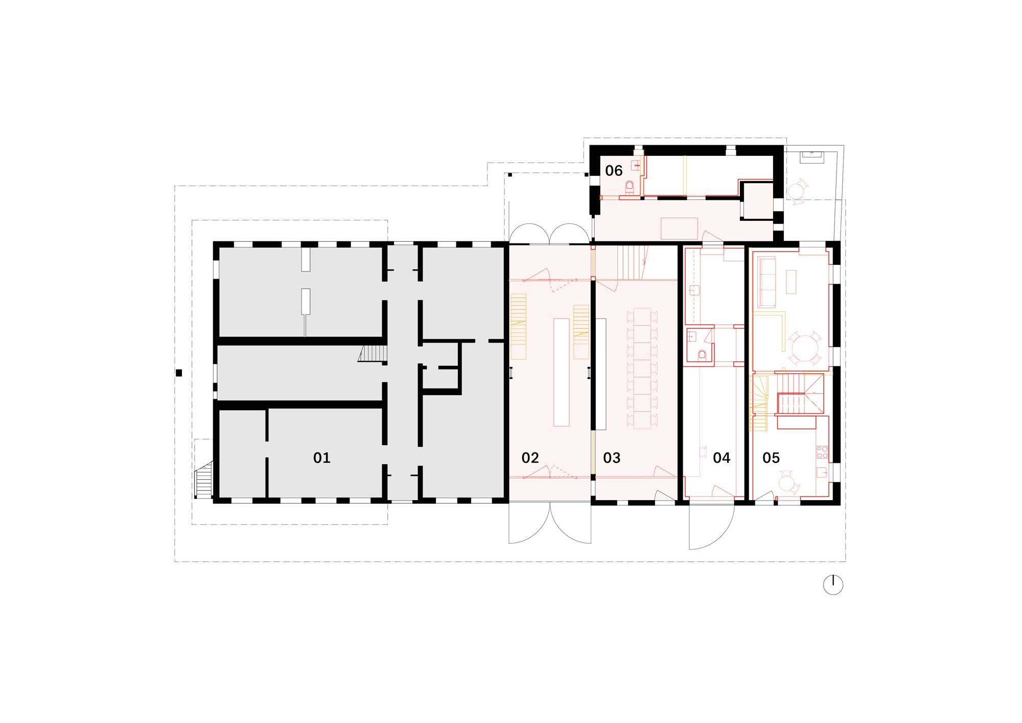 01 Hist. Wohnung - 02 Empfang - 03 Vermittlungsraum - 04 Backoffice - 05 Betriebswohnung - 06 Öff. WC