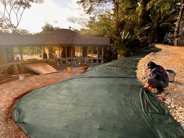 March 2024 - the soil is covered with fabric to protect it from the rainy season