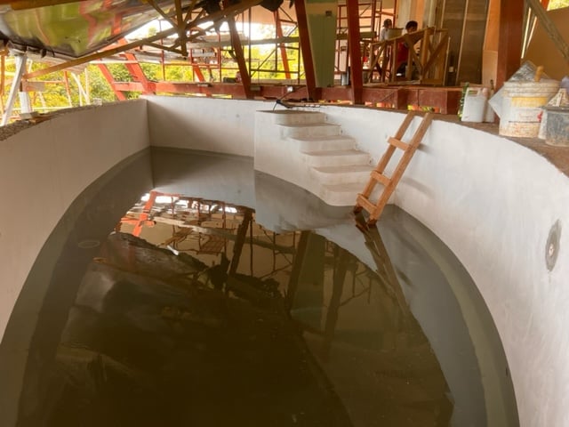 November 2023 - the pool is filled with water to check for leaks before the tiles are laid.