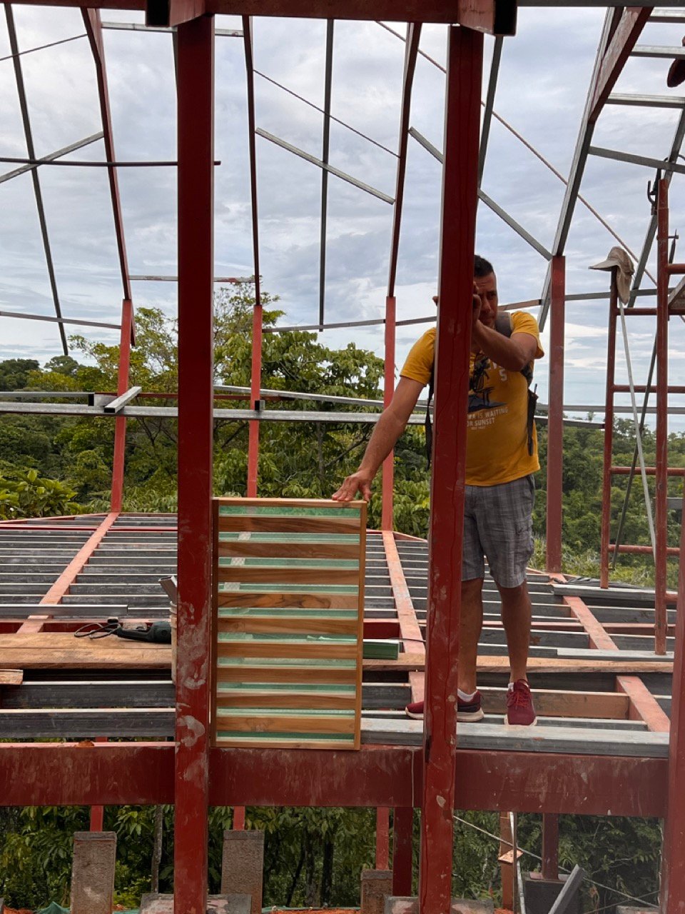 June 2023 - Vianey, our carpenter, shows a first sample of the back wall
