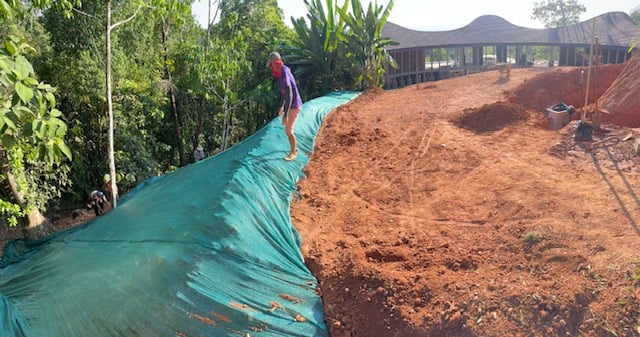 January 2024 - the excess soil is sloped; a geotextile is laid to prevent erosion