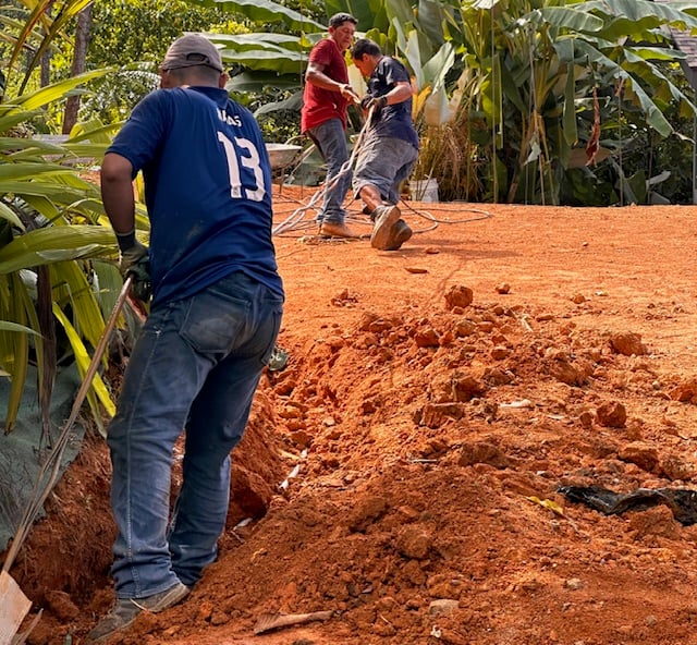 January 2024 -  pulling cables on the construction site; the electricians pull in the underground cable to the public power grid. 