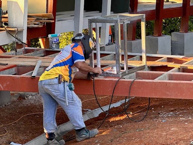 January 2024 - Don Pedro welds our gas container stand on the future entrance bridge