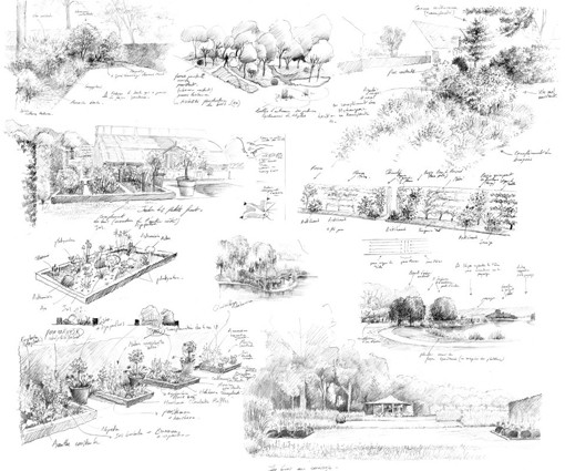 Compilation dessins de projet de jardin en phase esquisse