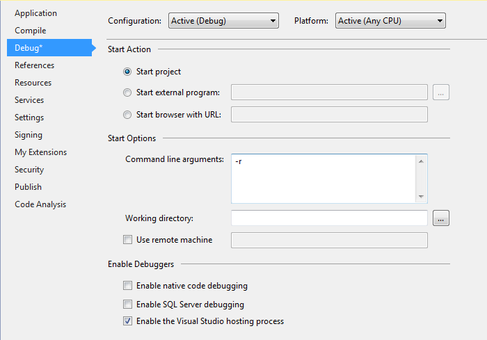 Visual Studio Project Properties Command line arguments