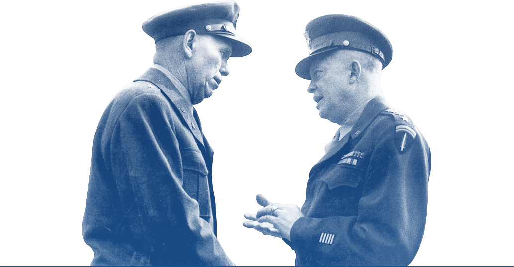 Historic image from WWII of General George C. Marshall and General Dwight D. Eisenhower
