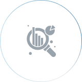 An icon of a magnifying glass and stats charts