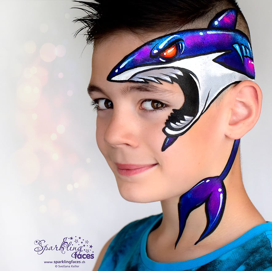 Kinderschminken_Vorlagen; Schminkfarben_kaufen_Schweiz; Kinderschminken_Kurse; Svetlana_Keller; face_painting; Ballonmodellieren; Ballonmodellage; Airbrush_Tattoos; einfach; Hai